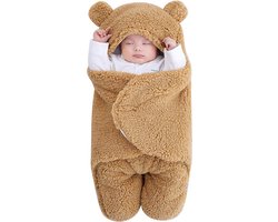 Bruine Zachte Baby Slaapzak met Klittenbandsluiting - 3-in-1 Inbakerdoek, Knuffeldeken en Wiegdeken, inbakerdoek - Geschikt voor 6-9 Maanden - FLUFFIKINS
