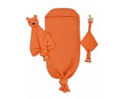 Inbakerset Baby 0-8 mnd – 3delig slaapzak baby– inbakerslaapzak-Cocoon Teddy, Fopspeenhouder & Winterslaapzak – Orange– Kraamcadeau & Sinterklaasgeschenk