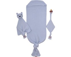 Minora Inbakerslaapzak Set 0/8 maand- Cocoon Teddy en Fopspeenhouder- 3 Delig babykleding jongens en meisjes-Winterslaapzak- Inbakerdoek- Swaddle- Kraamcadeau - Newborn- Licht Blauw- Sinterklaas