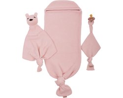 Minora Inbakerslaapzak Set 0/8 maand- Cocoon Teddy en Fopspeenhouder- 3 Delig babykleding jongens en meisjes-Winterslaapzak- Inbakerdoeken-Swaddle- Kraamcadeau - Newborn- Pink- Sinterklaas