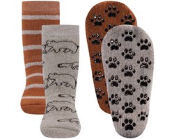 Antislipsokken Ewers Kindermaat - DUOPACK - Beige & Bruin met Vosjes & Beren & Streepjes - Siliconen Noppen-31/34