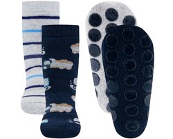 Antislipsokken Ewers Kindermaat - DUOPACK - Donkerblauw & Grijs met Vrachtautos/Kranen & Streepjes - Siliconen Noppen-23/26