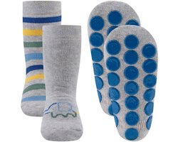 Antislipsokken Ewers Kindermaat - DUOPACK - Lichtgrijs met Olifantje en Gekleurde Strepen - Siliconen Noppen-