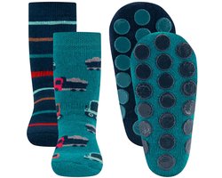 Antislipsokken Ewers Kindermaat - DUOPACK - Petrol & Donkerblauw met Vrachtautos/Kranen & Streepjes - Siliconen Noppen-23/26