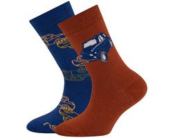 Sokken Ewers Kindermaat - DUOPACK - Donkerblauw & Roodbruin met Autos Design -23/26