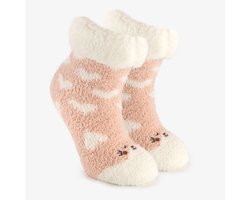 1 paar kinder huissokken kattenkopjes met antislip - Roze - Maat 31/34