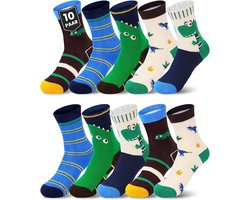 10 paar kindersokken - Klassieke sokken voor meisjes en jongens - Leuke katoenen sokken - Herfst- en wintersokken met cartoondinosaurussen - Babysokken - Maat XL 9-12 jaar [Aanbevolen schoenmaten 33-37]