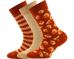 3-Pack Kindersokken Ewers met Ribpatroon - Set van 3 paar- Oranjebruin met Beige Vlekmotief en Streepjes-27/30