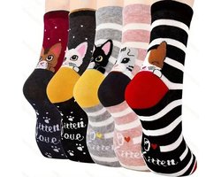 5 Paar Fashion Sokken - Universele maat 35-40 - Damessokken - Kleurrijke sokken met schattige kat - Casual katoenen sokken