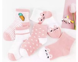5 paar New born Baby sokken - set babysokjes - 0-6 maanden - Roze Konijnen sokken - Babysokken - Multipack - Dierensokken - Kraamcadeau voor Jongen of Meisje - Babyshower Cadeau - Kraammand