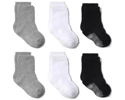 6 Paar - Antislip Sokken Kind - Baby Sokjes - Jongens Sokken - Meisjes Sokken - 1-3 jaar - Zwart Wit Grijs