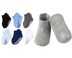 6 Paar - Baby Antislip Sokken Kind - 6-12 maanden - Blauw Grijs - Enkelsokken - Verbeterde kwaliteit