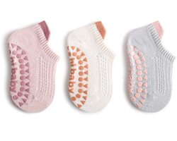 Anti-Slip Babysokken – set van 3 - Pink-Grey - Veilig, Comfortabel en Ideaal voor Actieve Dreumesen Baby Sokken - Katoen - Baby Sokjes - Antislip Sokken - Warme Sokken Kind - Dreumes Sokken - Veelkleurig - Maat S - 0-1 Jaar l