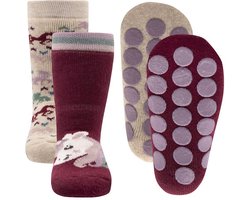 Antislipsok Ewers Dubbelpak - Beige met Gekleurde Eenhoorns / Wijnrood Eenhoornhoofd - Noppen-19/22
