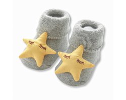 Babysokjes Gele Ster - 0-6 maanden - grijs - zacht - gevoerd fleece - anti-slip - katoen - kleine kinderen - 3D ster - kraamcadeau - jongen - meisje - pasgeboren - cadeau