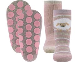 Ewers Antislipsok - 2-Pack - Wit Schaap en Wit/Ecru Streepjes & Effen Oudroze - Oudroze Sokken - Ecru/Beige Accenten - Antislipnopjes - maat 31/34