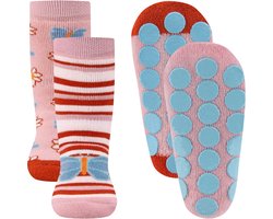 Ewers Antislipsokken - 2-Pack - Vlinder & Strepen Roze/Wit/Oranjebruin - Roze & Bloemen/Vlinders - Antislipnoppen-23/26