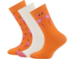 Ewers Kindersokken - 3-Pack - Oranje & Roze Flamingo's - Effen Wit & Roze-23/26