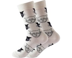 Grappige Sokken met Katten - zwart/wit - Dames maat 36-41 - Dieren/Poes/Kattenkop