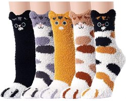 Huissokken - Warme Winter Sokken Dames - Set Van 5 Paar - Dames Pluche Sokken - Sokken Dames - Slaapsokken - Fluffy Sokken - Kat Klauw - Schattige Dierensokken - Verjaardag - Geschenk Vrouw - Dikke, Verwarmende Kwaliteit - Kerstcadeau