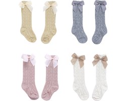 Joya Kids® Baby sokken met strik | Set van 4 kleuren | Vintage stijl Lange gebreide sokken | Beige, Roze, Grijs en Crème meisjes sokken | Met Mooi Strikje | Set van 4 Paar | Maat S | 0-1 Jaar