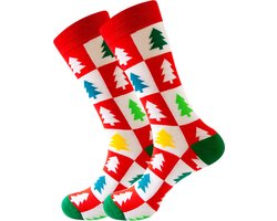 Kerstsokken rood/wit/groen met kerstbomen - Sokken heren/dames maat 40-45 - grappig design kerstcadeau