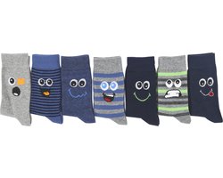 Kindersokken jongens - Inter Socks - multipack - maat 35-38 - assortiment kousen met gezichtjes-hoogwaardige katoen - 7-paar- junior