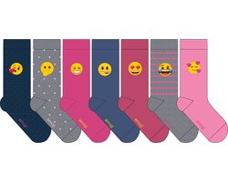 Kindersokken meisjes - EMOJI - BIJOU - roze & jeans - maat 35-38 - hoogwaardige katoen - multipack 7-paar