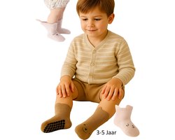 Kindersokken met Antislip – Maat XL (3–5 jaar) – 3 Paar – Beer Design – Roze, Blauw & Bruin – Katoen – Comfortabele Sokken met Grips – All Season
