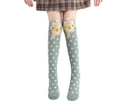 Kniekousen - 1 paar kniekousen meisjes Poes blauw-geel - lange sokken - 6-12 jaar - 100% elastisch katoen - cadeau meisjes - dierenprint