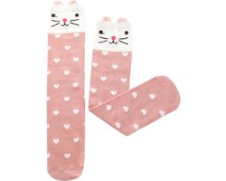 Kniekousen - 1 paar kniekousen meisjes poes roze-hartjes - lange sokken - 6-12 jaar - 100% elastisch katoen - cadeau meisjes - dierenprint