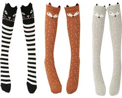 Kniekousen Meisjes 6-12 jaar | 3 Paar Verschillende Lange Sokken Dieren | Zwart-Bruin-Grijs | 100% Katoen