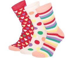 Leuke vrolijke katoenen meisjes sokken met print - 6 paar Apollo kousen met strepen, hartjes en bolletjes - maat 31/34 - multicolor - 2x leuke 3 pack kindersokken