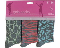 Meisjes sokken - katoen 6 paar - beasty - maat 23/26 - assortiment grijs kleuren print - naadloos