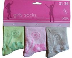 Meisjes sokken - katoen 6 paar - ornament - maat 23/26 - assortiment groen/roze/beige - naadloos