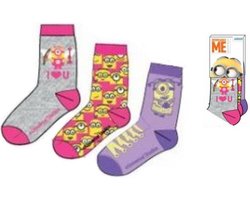 Minions - Sokken - Per 3 Paar Verpakt - 1 paar Grijs, 1 paar Roze & 1 paar Paars- Maat 27 - 30