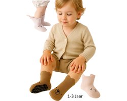 Peuter Antislip Sokken – Maat L (1–3 jaar) – 3 Paar – Beer Design – Roze, Blauw & Bruin – Katoen – Zachte Kindersokken met Grips – All Season