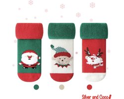 SilverAndCoco® - 3 Paar Baby Kinder Kerstsokken 1 2 3 Jaar met Anti Slip Zool / Vrolijke Happy Kerst Sokken Kerstman / Dikke Warme Huissokken Kerstcadeau kinderen / Wintersokken jongens meisjes Kleding Cadeautje Kind Sokjes