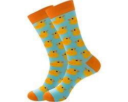 Sokken met Badeendjes - Grappige Sokken Dames maat 36/41 - Oranje/Blauw met Eendjes
