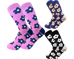 Sokken Set voor Dames/Meisjes - 3 paar met Bloemen - maat 34-37 - Diverse kleuren