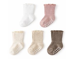 Vavida Anti Slip Sokken 1-3 Jaar – 5 Paar Peuter Sokken met Hartjes Grip – Antislip Sokken Baby – Beige - Roze - Wit