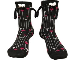 Verliefde Sokken met Magneet Handjes en 3D Ogen - Zwart met Roze Hartjes - Dames/Kinderen Maat 35-40