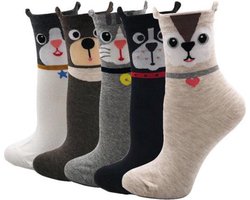 Winkrs - 5 paar Dieren Sokken - Cartoon - Damessokken set - Kindersokken met oortjes - Kat, beer, hond