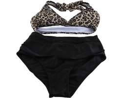 Allecto- Hoge Taille Bikini - Luipaardprint - Halter Hals - Tweedelig Set - Conservatieve stijl - Dames - Mesh Paneel - Geschikt voor strand - Zwemkleding - Zomerse look - Trendy ontwerp