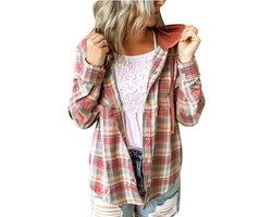 Allecto Plus - Geruit winter overhemd met capuchon voor dames casual oversized blouse met lange mouwen (rood XL)