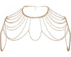 Allecto Plus - Parels Schouderketting Goudkleurig - Boho Lichaamsketting Vrouwen - Accessoire Feest Bikini - Sieraden Beha Metaal