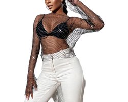 Allecto Premium - Mesh Lange Mouw Tops voor Vrouwen | Sexy Doorzichtige Shirts met Glitter Pailletten | Zwarte Blouse Een Stuk Cover Up | Streetwear Stijlvol Ontwerp