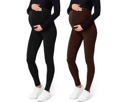 Be Mammy BE-Leggings-02-2P Dames Zwangerschapsleggings - 2-Pack - Lang - Viscose - Elasthan - Zwart/Bruin - XL