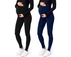 Be Mammy BE-Leggings-02-2P Dames Zwangerschapsleggings - 2-Pack - Lang - Viscose - Elasthan - Zwart/Marineblauw - XL