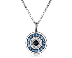 Blauwe Boze Oog Ketting met Zirconia en 925 Sterling Zilver – Ronde Blauwe Amulet Hanger voor Dames